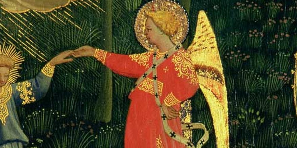 Détail du Jugement dernier de Fra Angelico (l'ange rouge), illustrant le Tome XVIII — Milieu doré